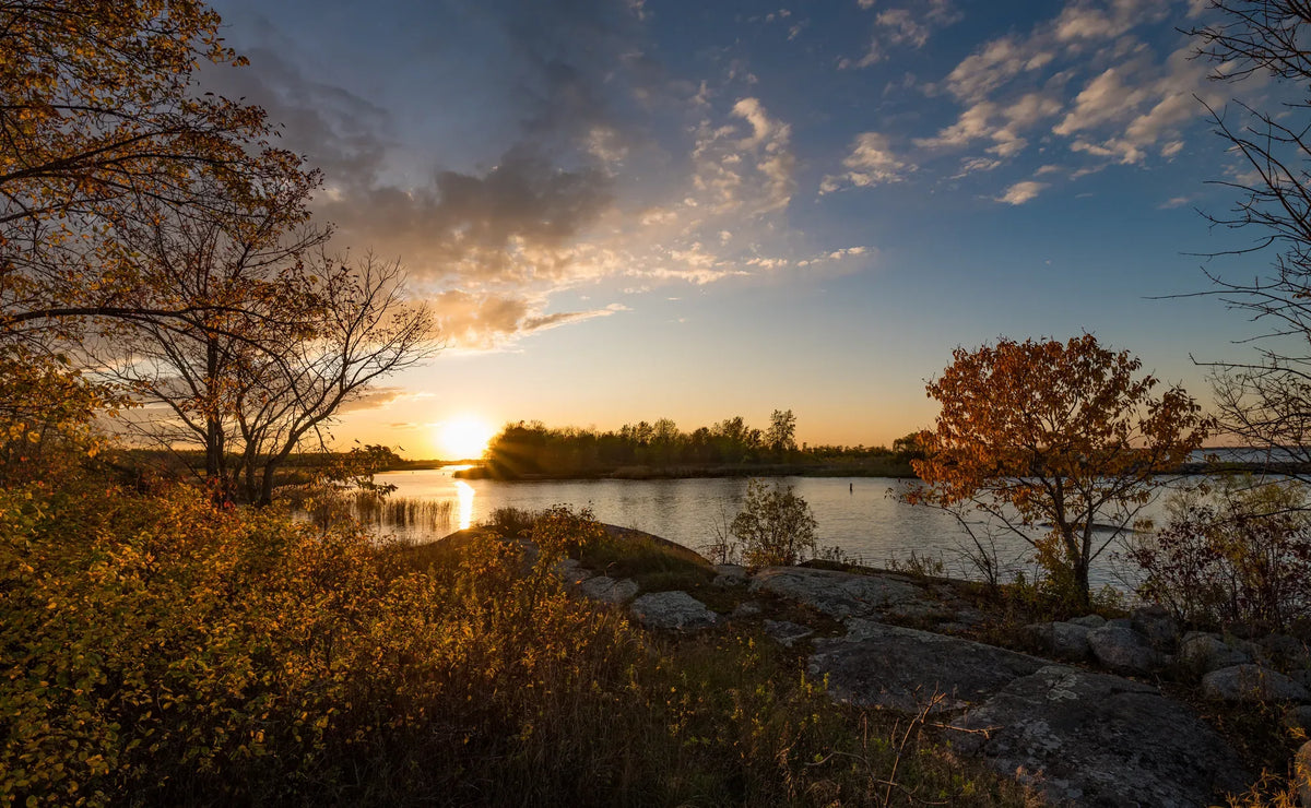 Outdoor lifestyle photo of Lake of the Woods in northern Minnesota at early morning, wide open