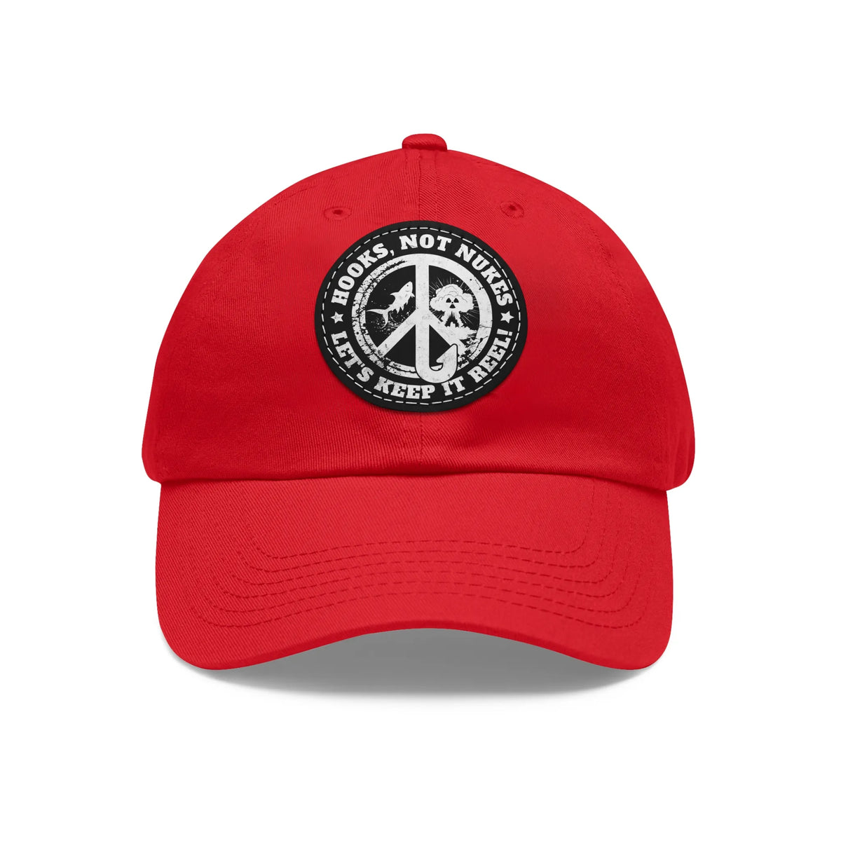 Red / Black patch, Hooks, Not Nukes – Let’s Keep It Reel! Dad Hat – fish-room
