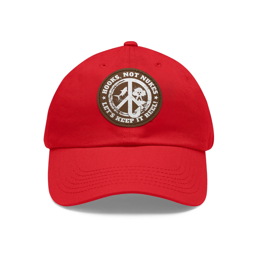 Red / Light Brown patch, Hooks, Not Nukes – Let’s Keep It Reel! Dad Hat – fish-room