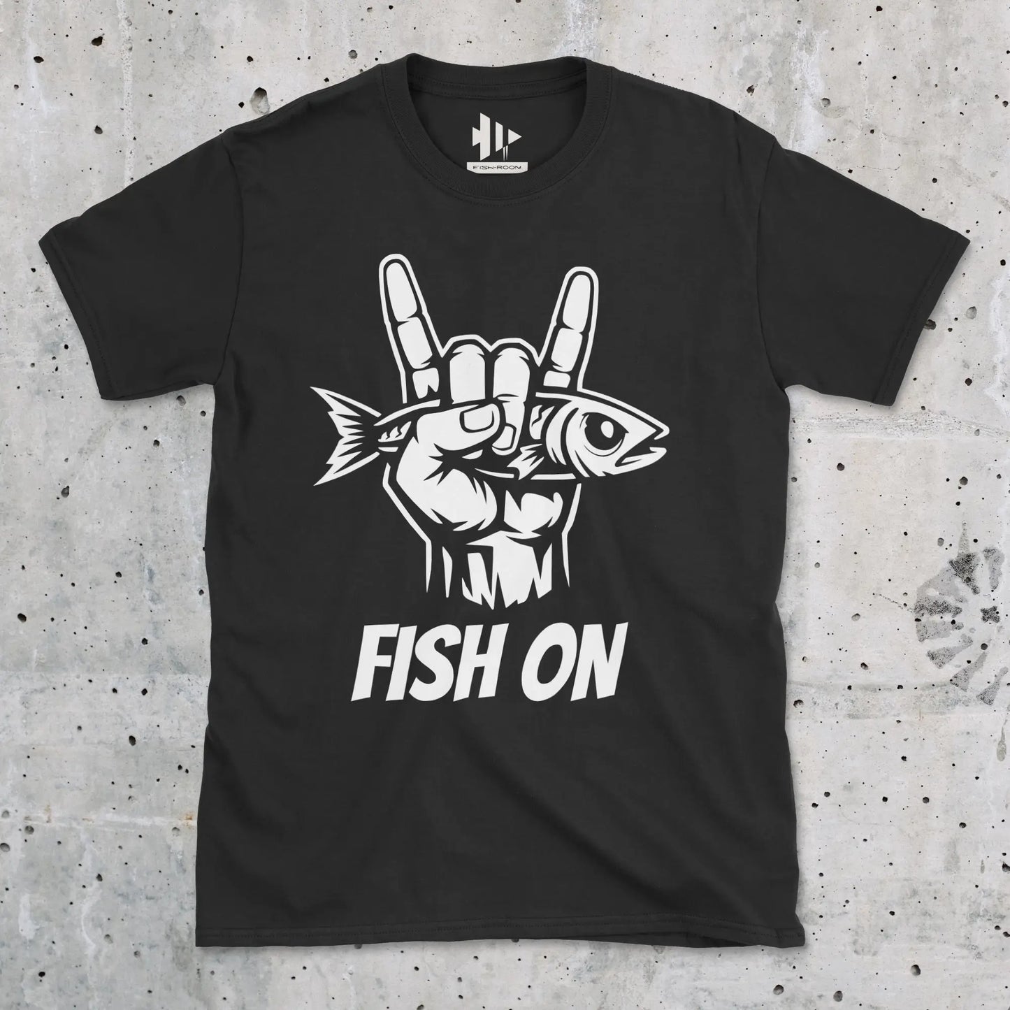 Black, Fish On – Rock Hand Fishing Tee – fish-room