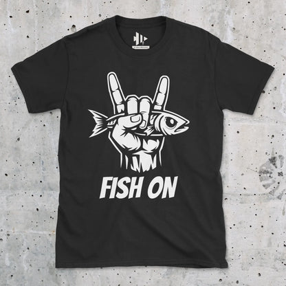 Black, Fish On – Rock Hand Fishing Tee – fish-room