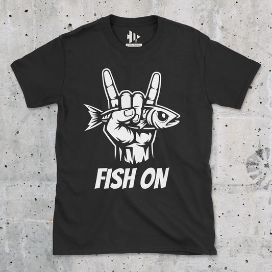 Black, Fish On – Rock Hand Fishing Tee – fish-room