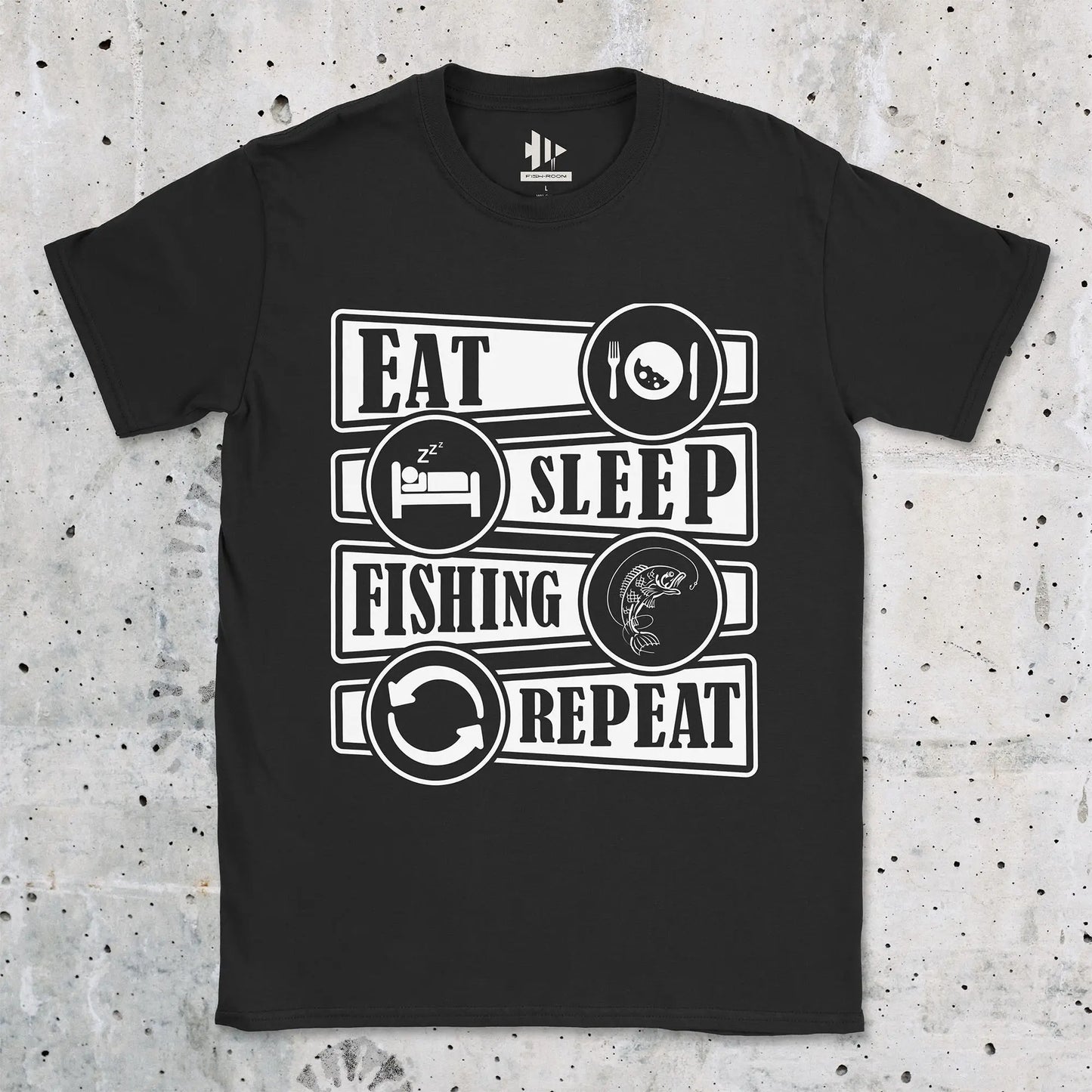 Black, Eat Sleep Fishing Repeat Tee – fish-room