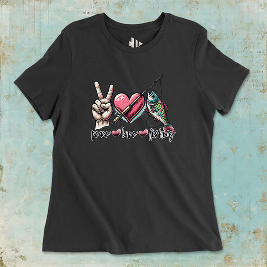 Black, Peace Love Fishing Ladies’ Tee – fish-room