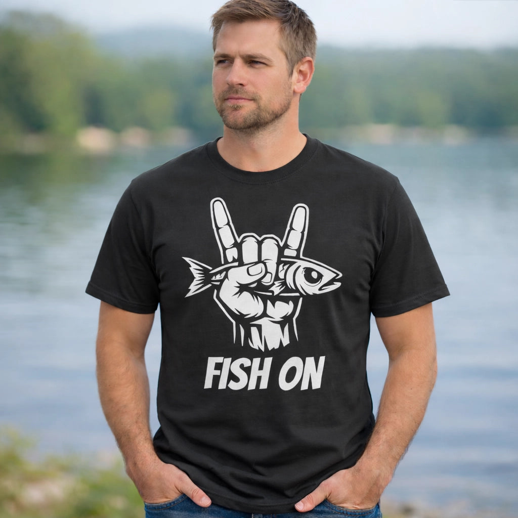 Black, Fish On – Rock Hand Fishing Tee – fish-room