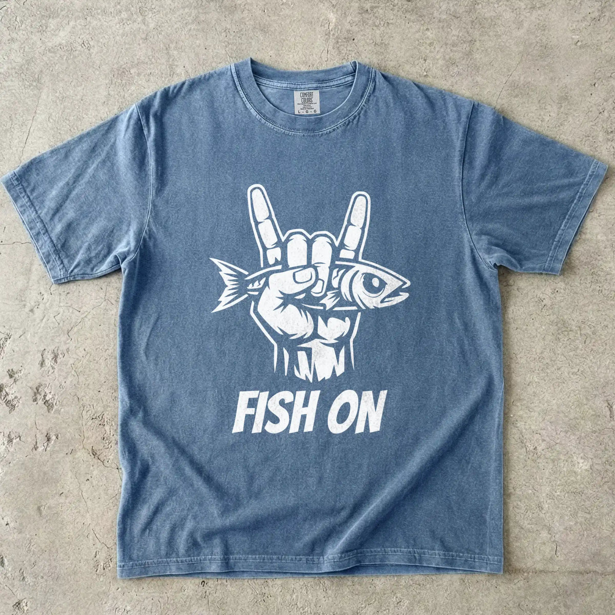 Blue Jean, Fish On – Rock Hand Fishing Tee – fish-room