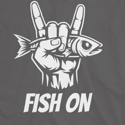 Charcoal, Fish On – Rock Hand Fishing Tee – fish-room