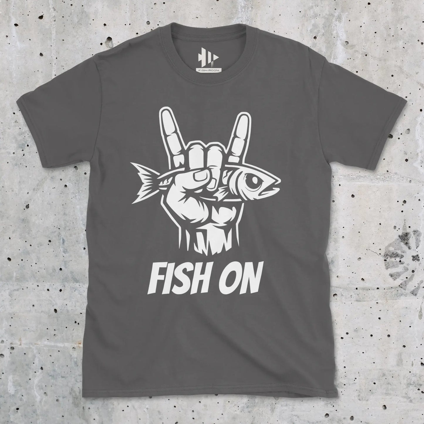 Charcoal, Fish On – Rock Hand Fishing Tee – fish-room
