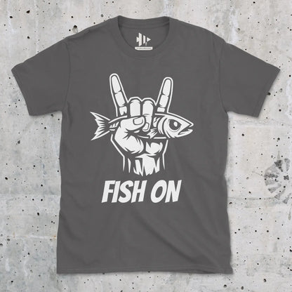 Charcoal, Fish On – Rock Hand Fishing Tee – fish-room