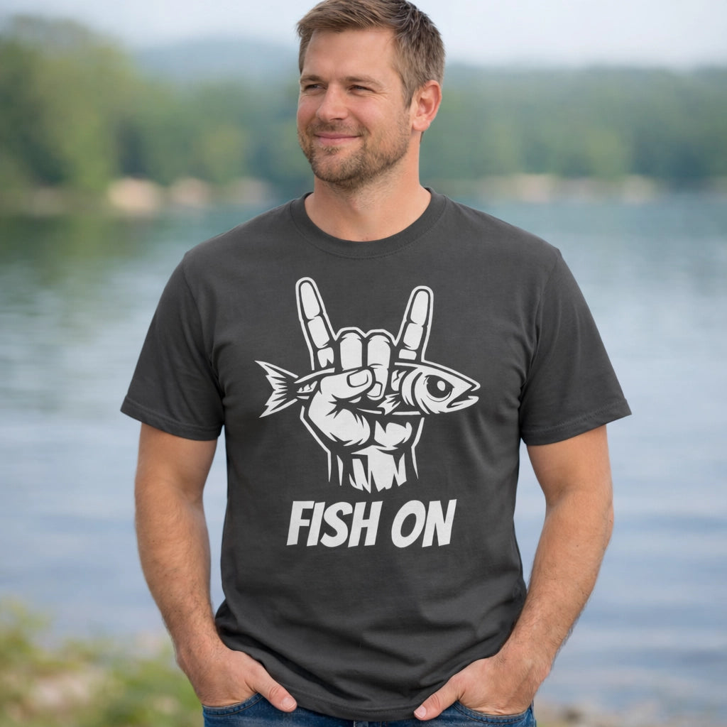 Charcoal, Fish On – Rock Hand Fishing Tee – fish-room