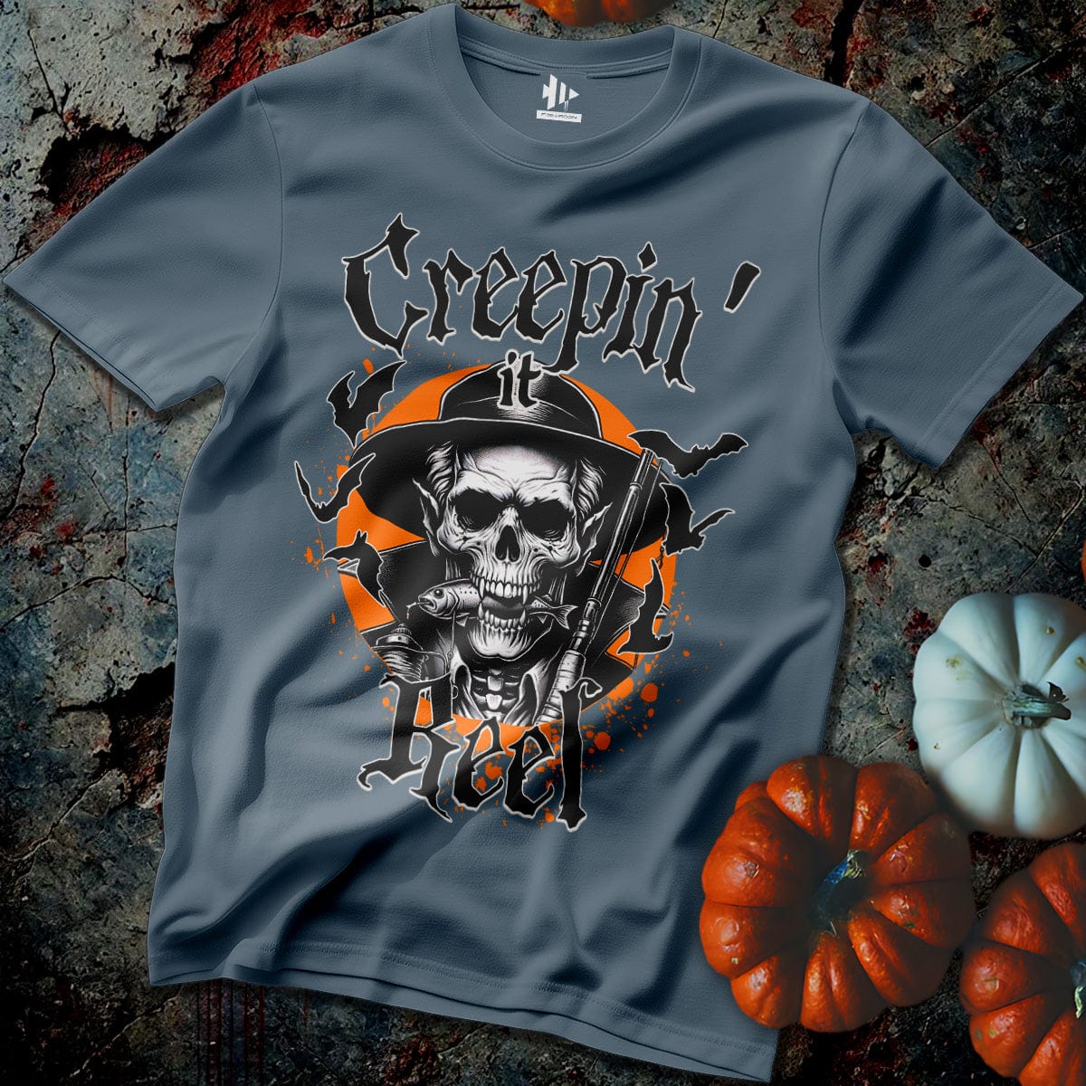 fish-room llc T-Shirt Heather Indigo / S Creepin' it Reel Skeleton T-Shirt