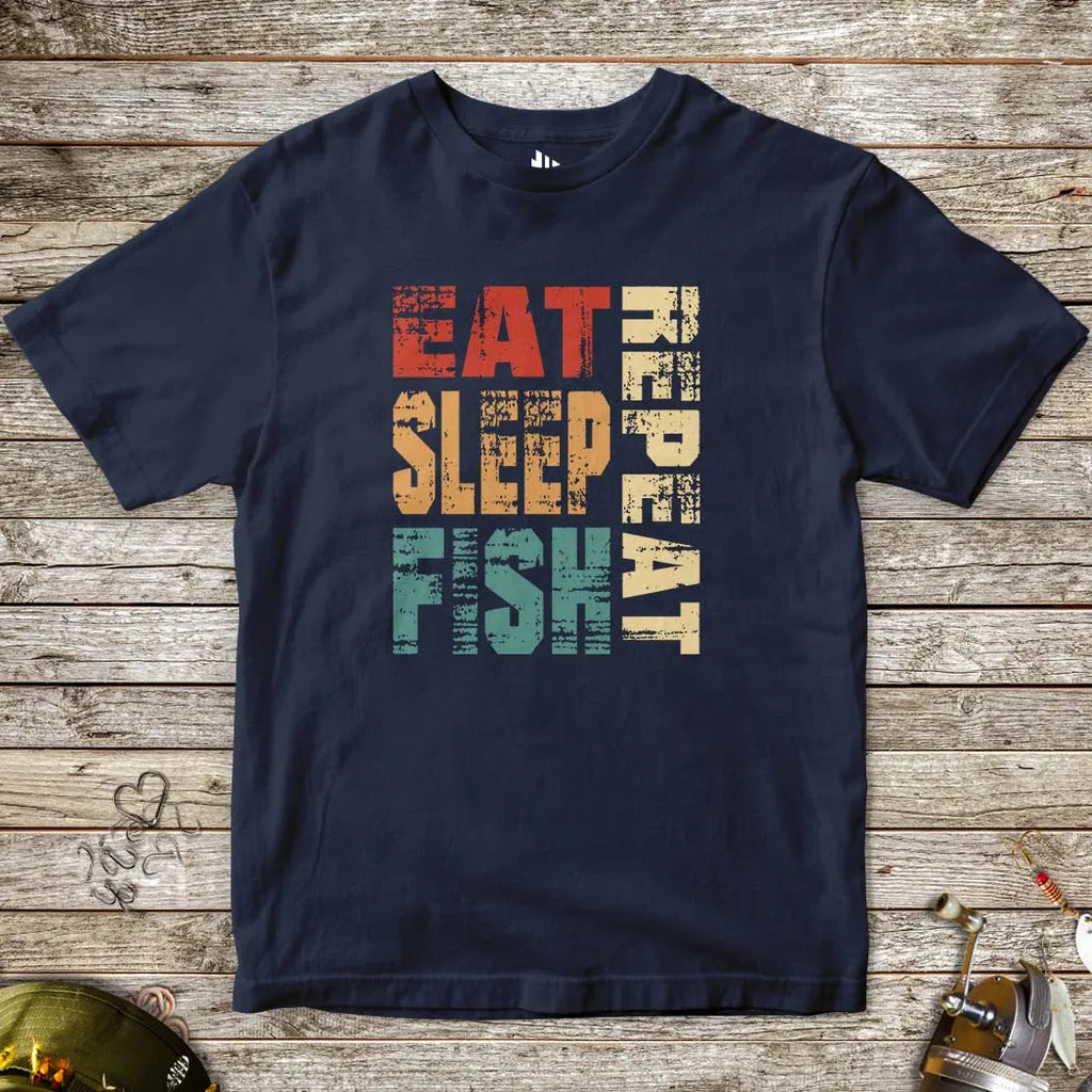 Eat Sleep Fish Repeat Tee for Kids Navy Kids T-Shirt
