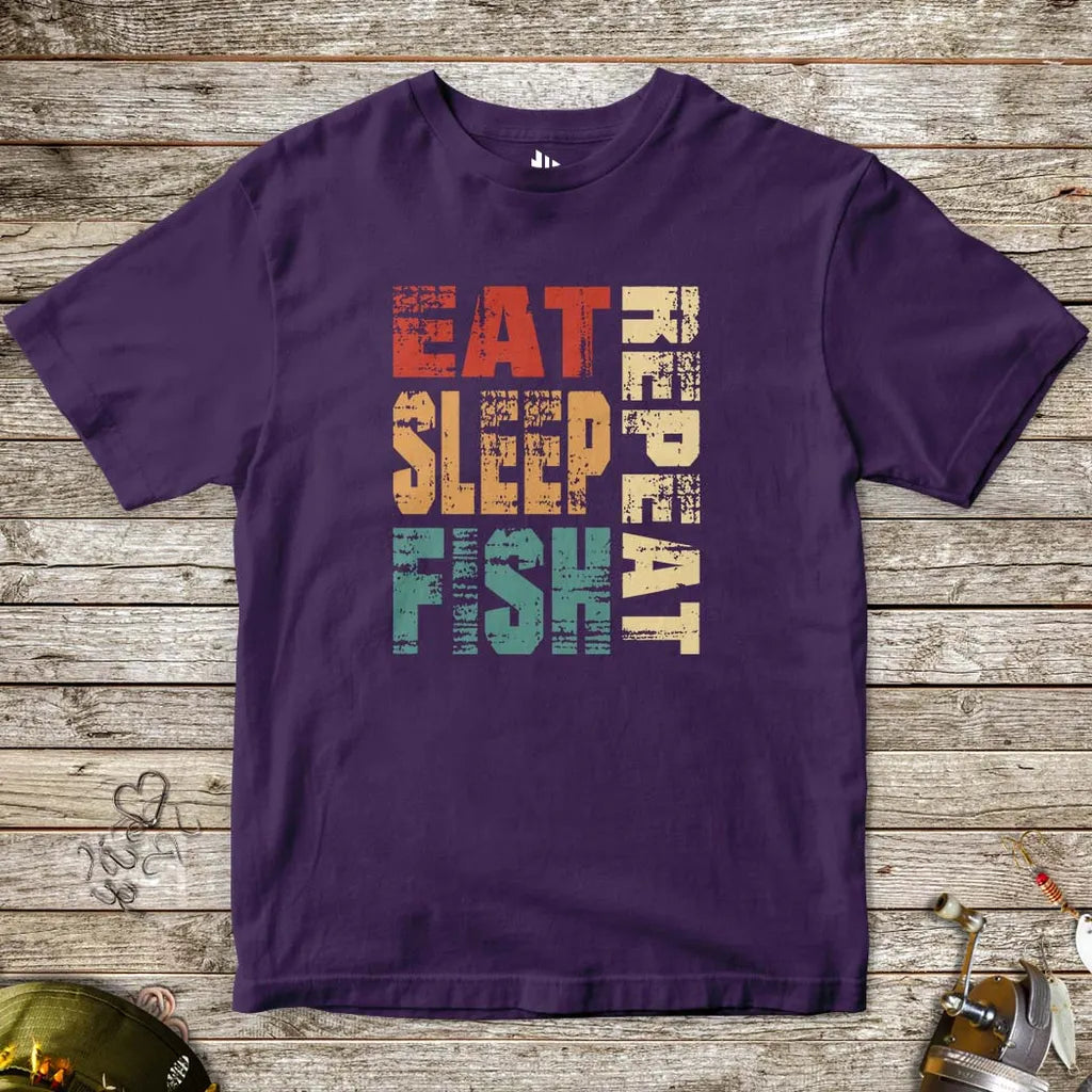 Eat Sleep Fish Repeat Tee for Kids Purple Kids T-Shirt