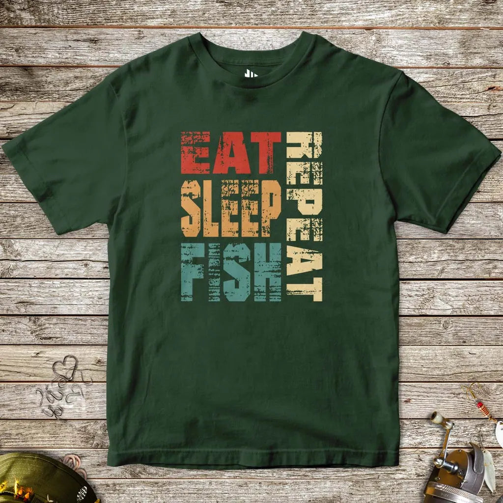 Eat Sleep Fish Repeat Tee for Kids Forest Green Kids T-Shirt