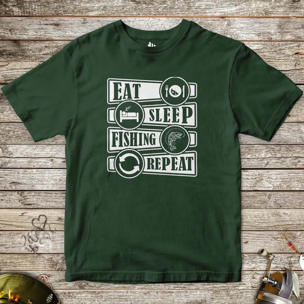 Eat Sleep Fishing Repeat Tee for Kids Forest Green Kids T-Shirt