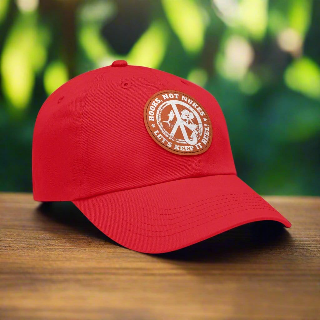 fish-room llc Hats Red / Light Brown patch / Circle / One size Hooks, Not Nukes – Let’s Keep It Reel! Dad Hat