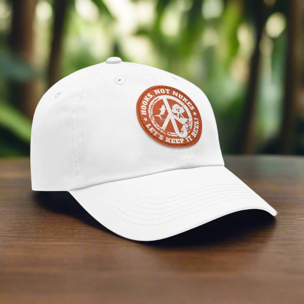 fish-room llc Hats White / Light Brown patch / Circle / One size Hooks, Not Nukes – Let’s Keep It Reel! Dad Hat