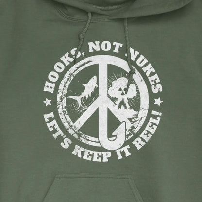 Military Green, Hooks, Not Nukes – Let’s Keep It Reel! Hoodie – fish-room