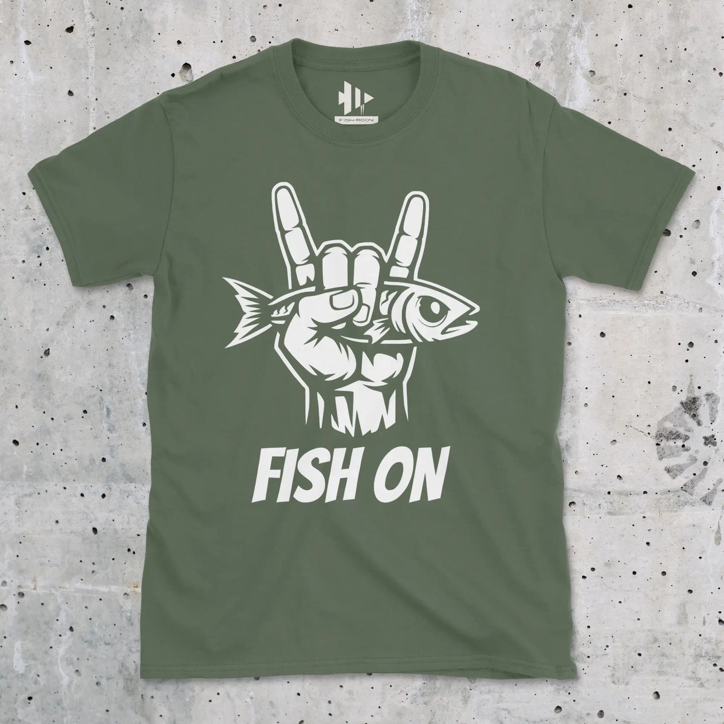 Military Green, Fish On – Rock Hand Fishing Tee – fish-room