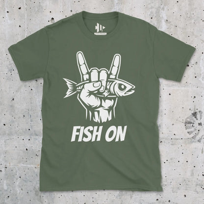 Military Green, Fish On – Rock Hand Fishing Tee – fish-room