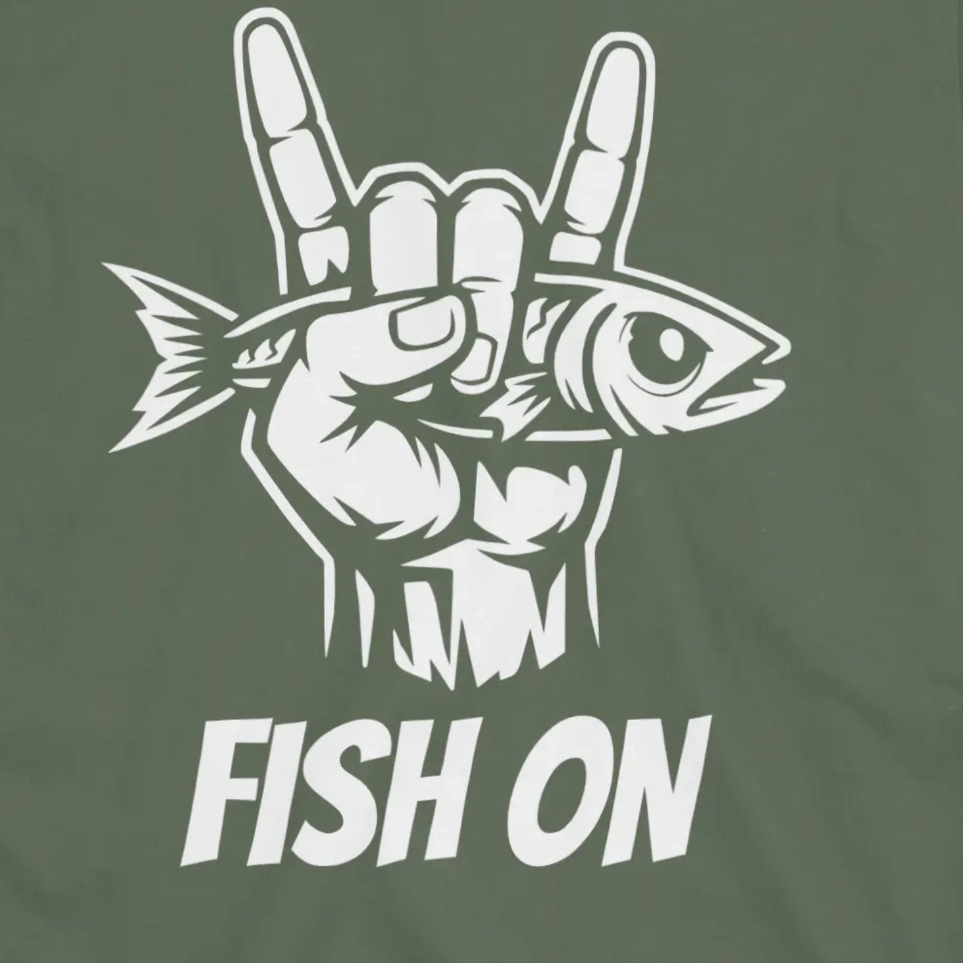 Military Green, Fish On – Rock Hand Fishing Tee – fish-room