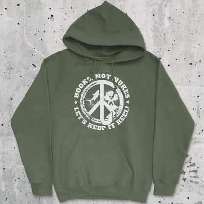 Military Green, Hooks, Not Nukes – Let’s Keep It Reel! Hoodie – fish-room