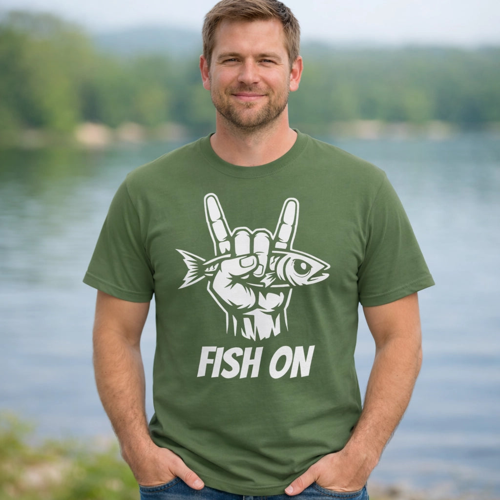Military Green, Fish On – Rock Hand Fishing Tee – fish-room