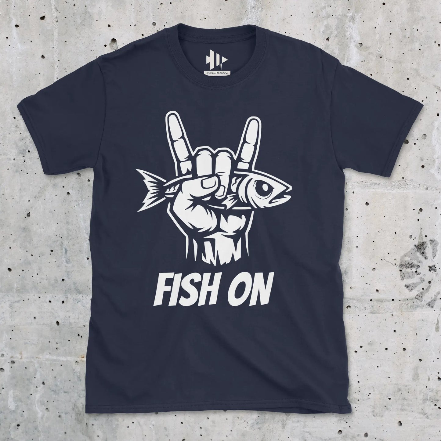 Navy, Fish On – Rock Hand Fishing Tee – fish-room
