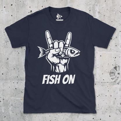 Navy, Fish On – Rock Hand Fishing Tee – fish-room