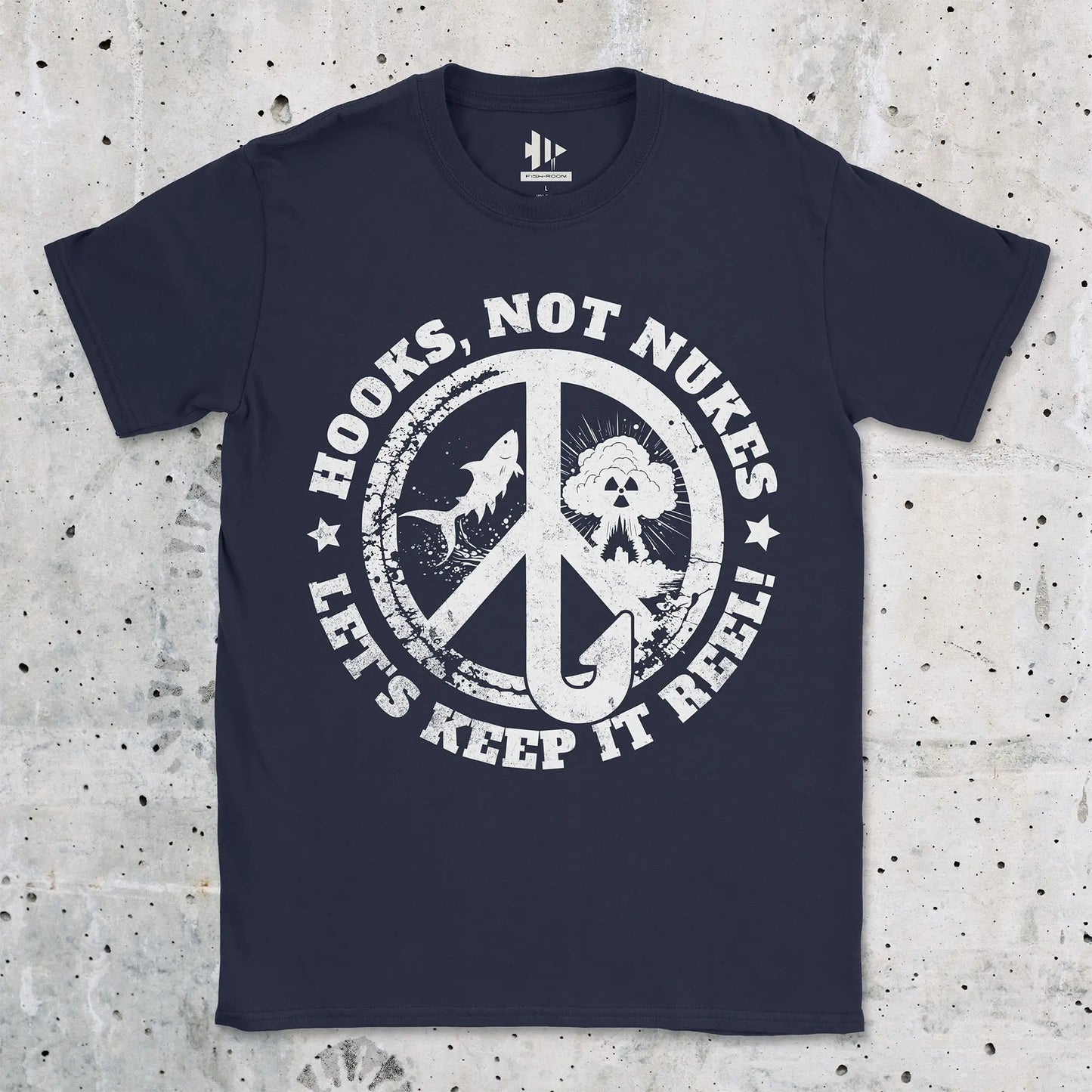 Navy, Hooks, Not Nukes – Let’s Keep It Reel! Tee – fish-room