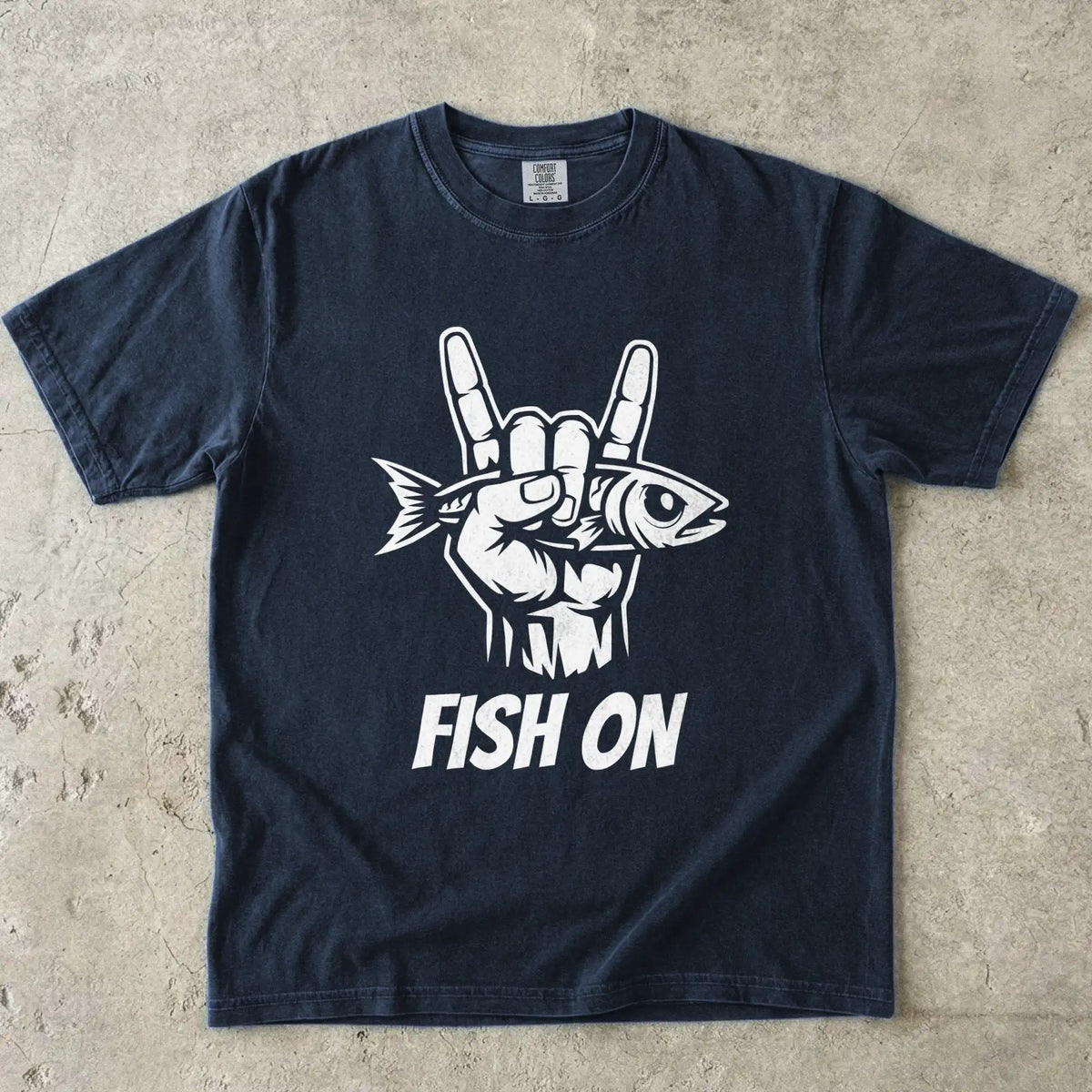 Navy, Fish On – Rock Hand Fishing Tee – fish-room