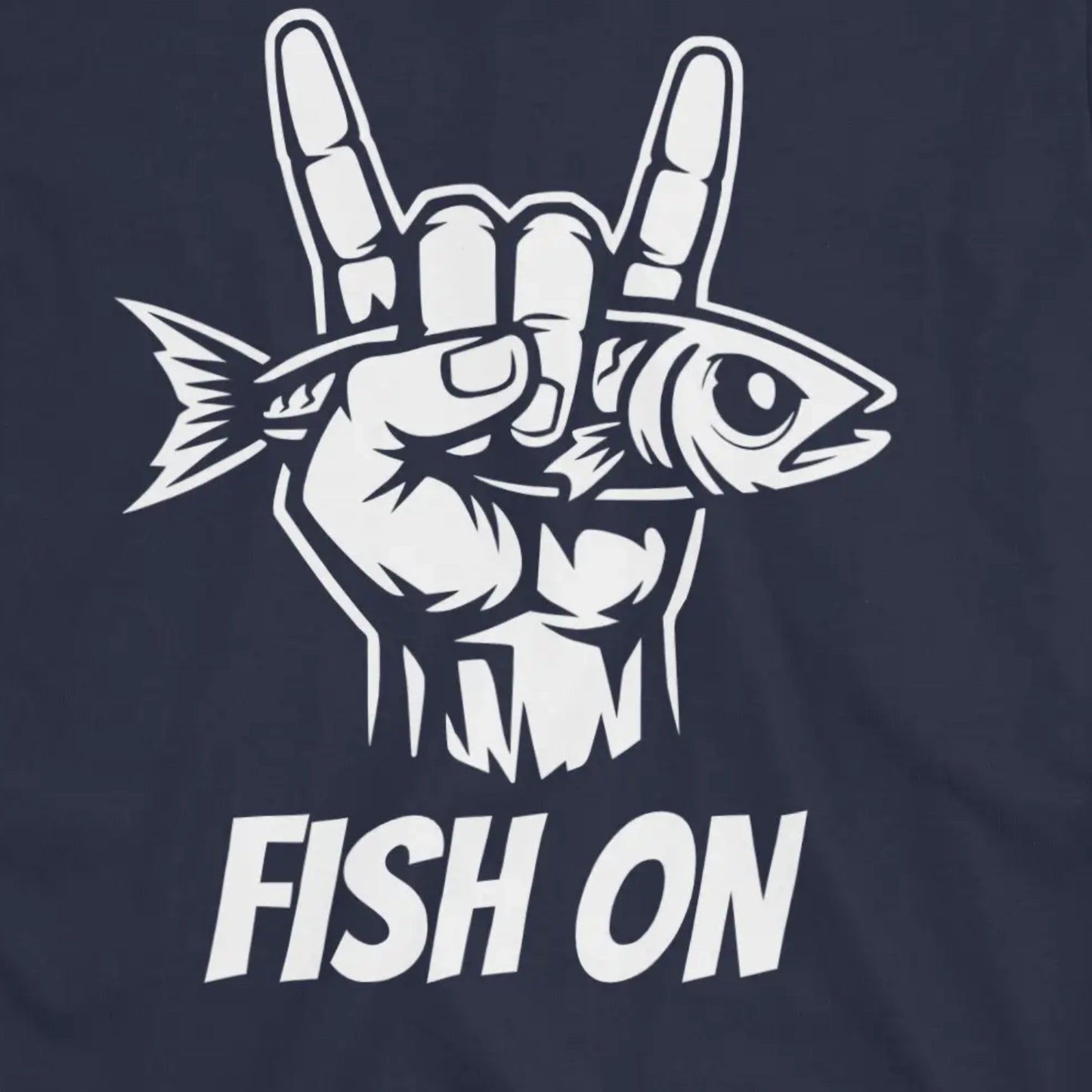 Navy, Fish On – Rock Hand Fishing Tee – fish-room