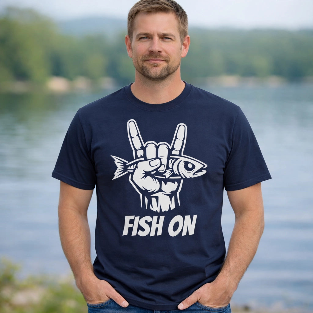 Navy, Fish On – Rock Hand Fishing Tee – fish-room