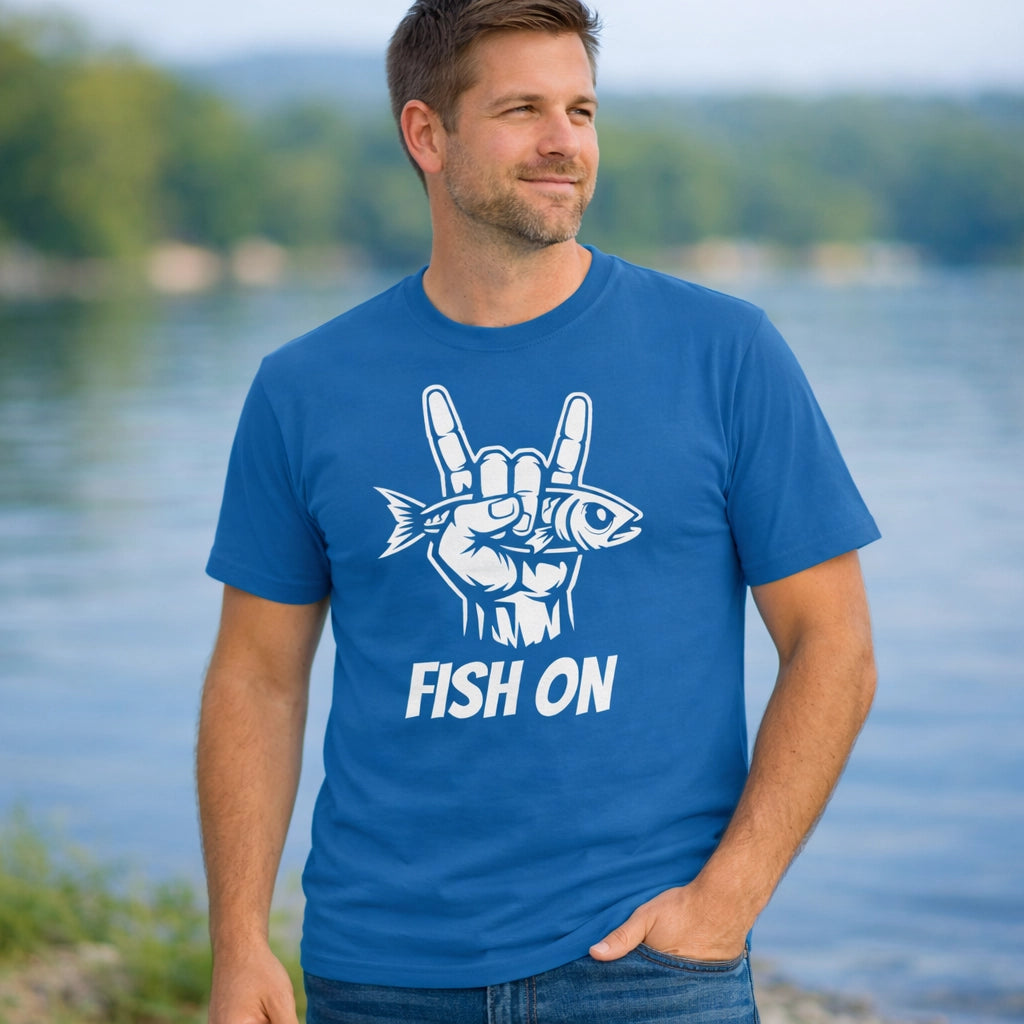 Royal, Fish On – Rock Hand Fishing Tee – fish-room