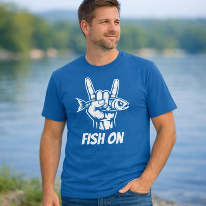 Royal, Fish On – Rock Hand Fishing Tee – fish-room