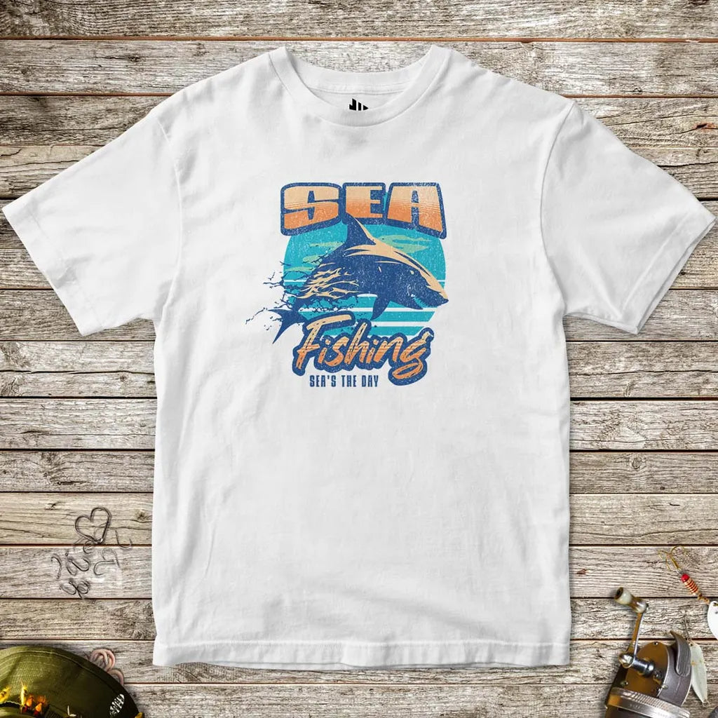 White, Sea Fishing, Sea's the Day Shark Tee for Kids – fish-room