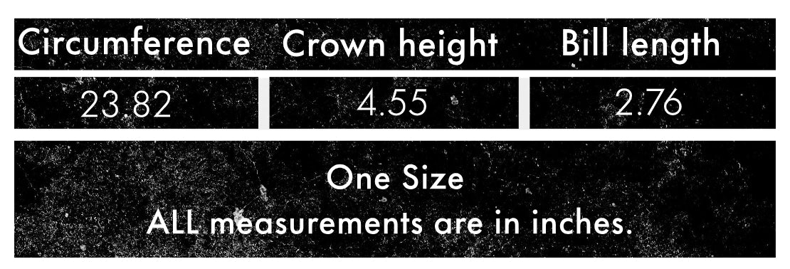 Measurement chart with circumference, crown height, and bill length in inches on a black background.