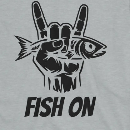Sport Grey, Fish On – Rock Hand Fishing Tee – fish-room