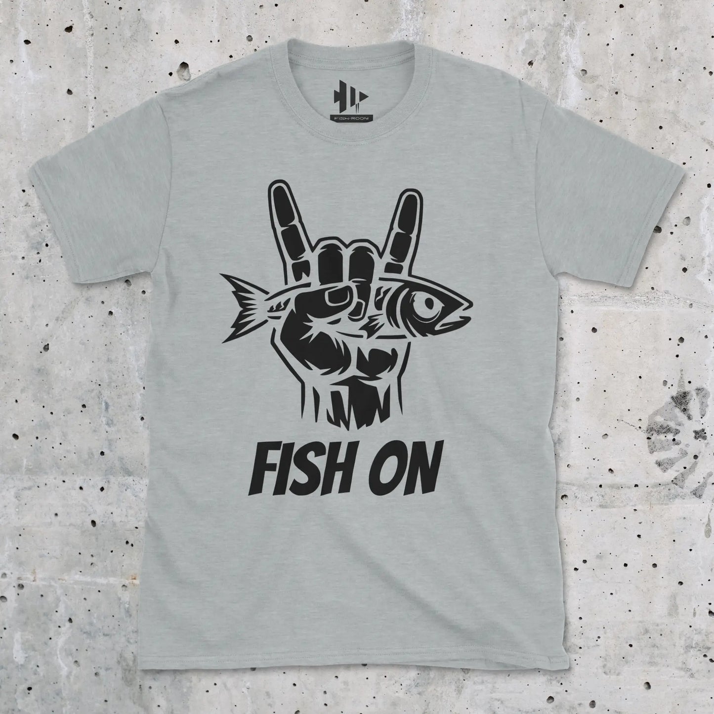 Sport Grey, Fish On – Rock Hand Fishing Tee – fish-room