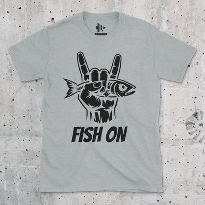 Sport Grey, Fish On – Rock Hand Fishing Tee – fish-room