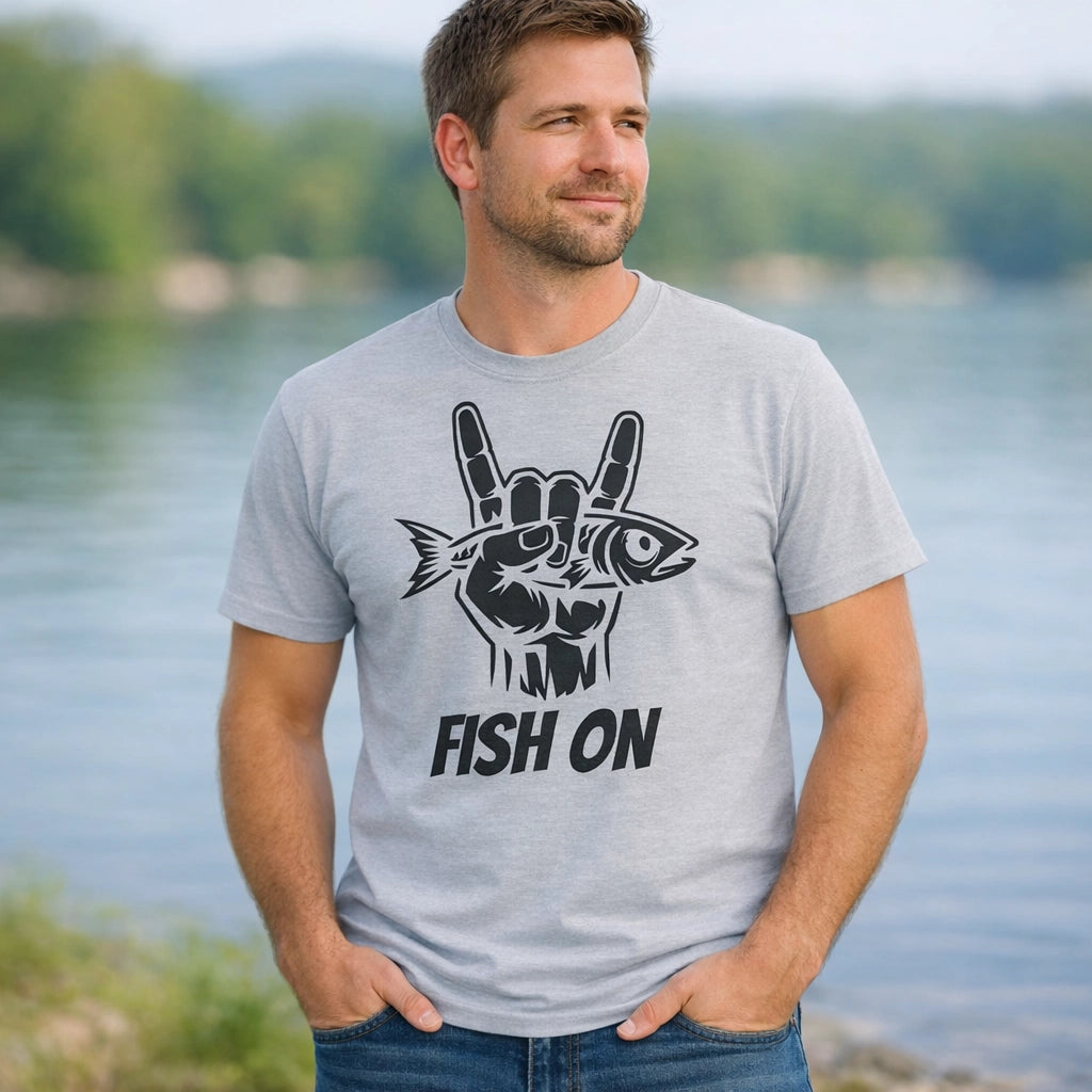 Sport Grey, Fish On – Rock Hand Fishing Tee – fish-room