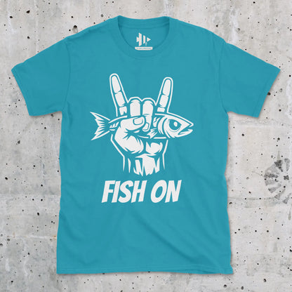 Tropical Blue, Fish On – Rock Hand Fishing Tee – fish-room
