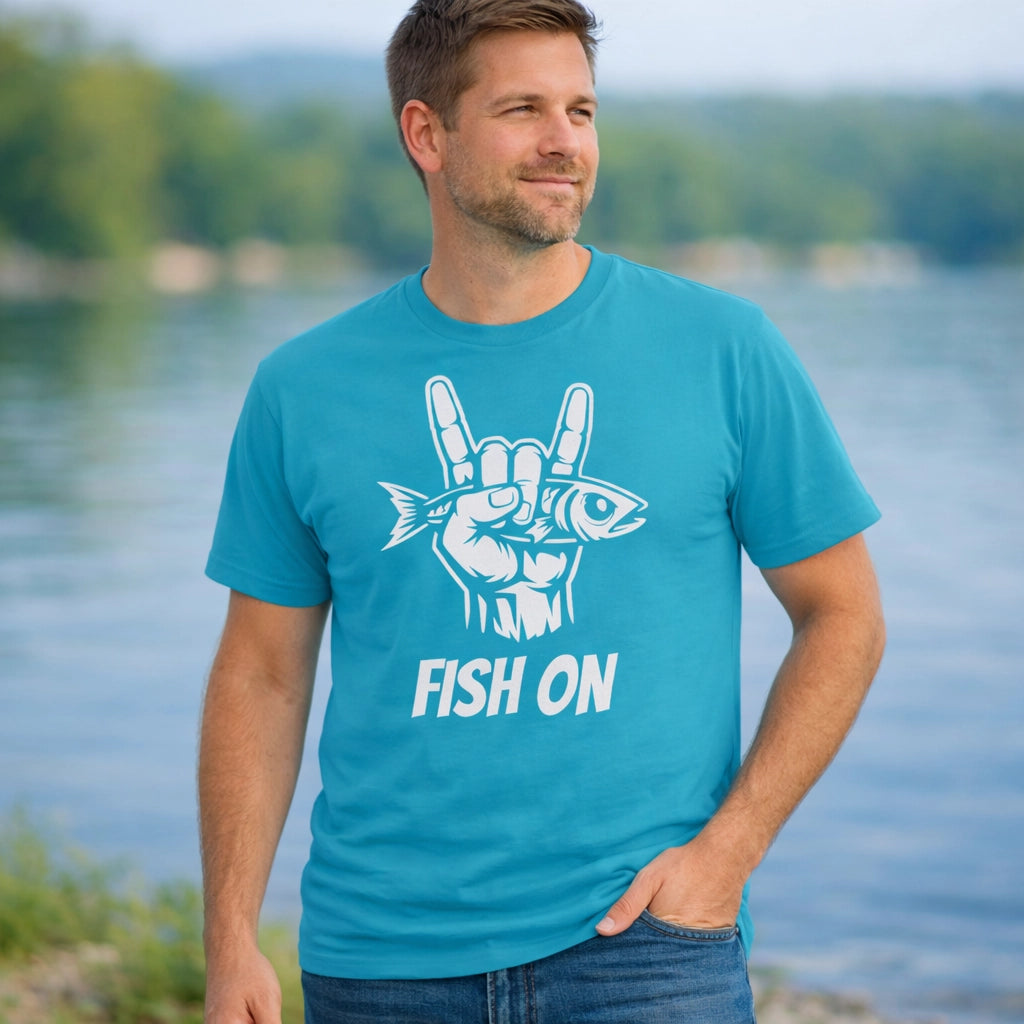 Tropical Blue, Fish On – Rock Hand Fishing Tee – fish-room