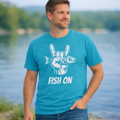 Tropical Blue, Fish On – Rock Hand Fishing Tee – fish-room