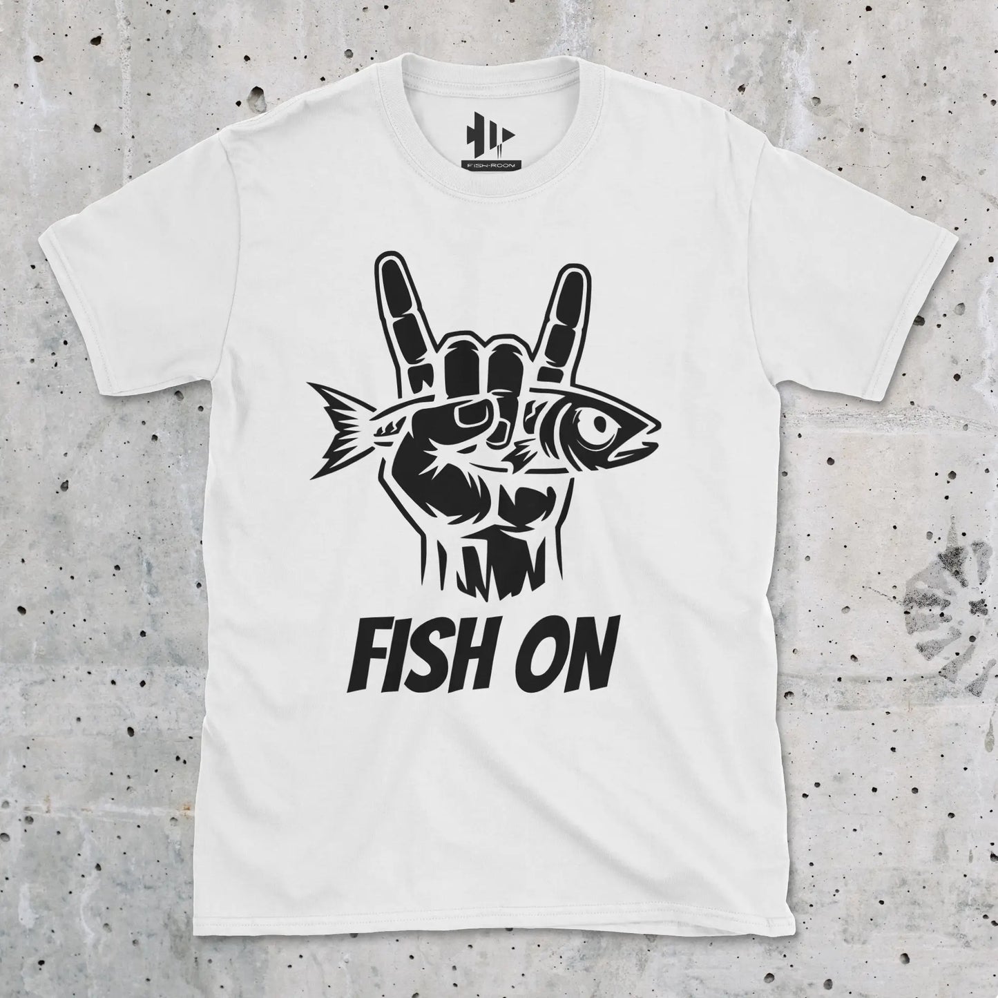 White, Fish On – Rock Hand Fishing Tee – fish-room