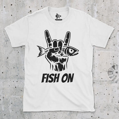White, Fish On – Rock Hand Fishing Tee – fish-room