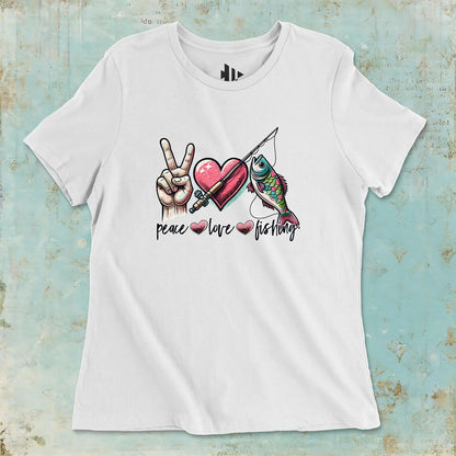 White, Peace Love Fishing Ladies’ Tee – fish-room
