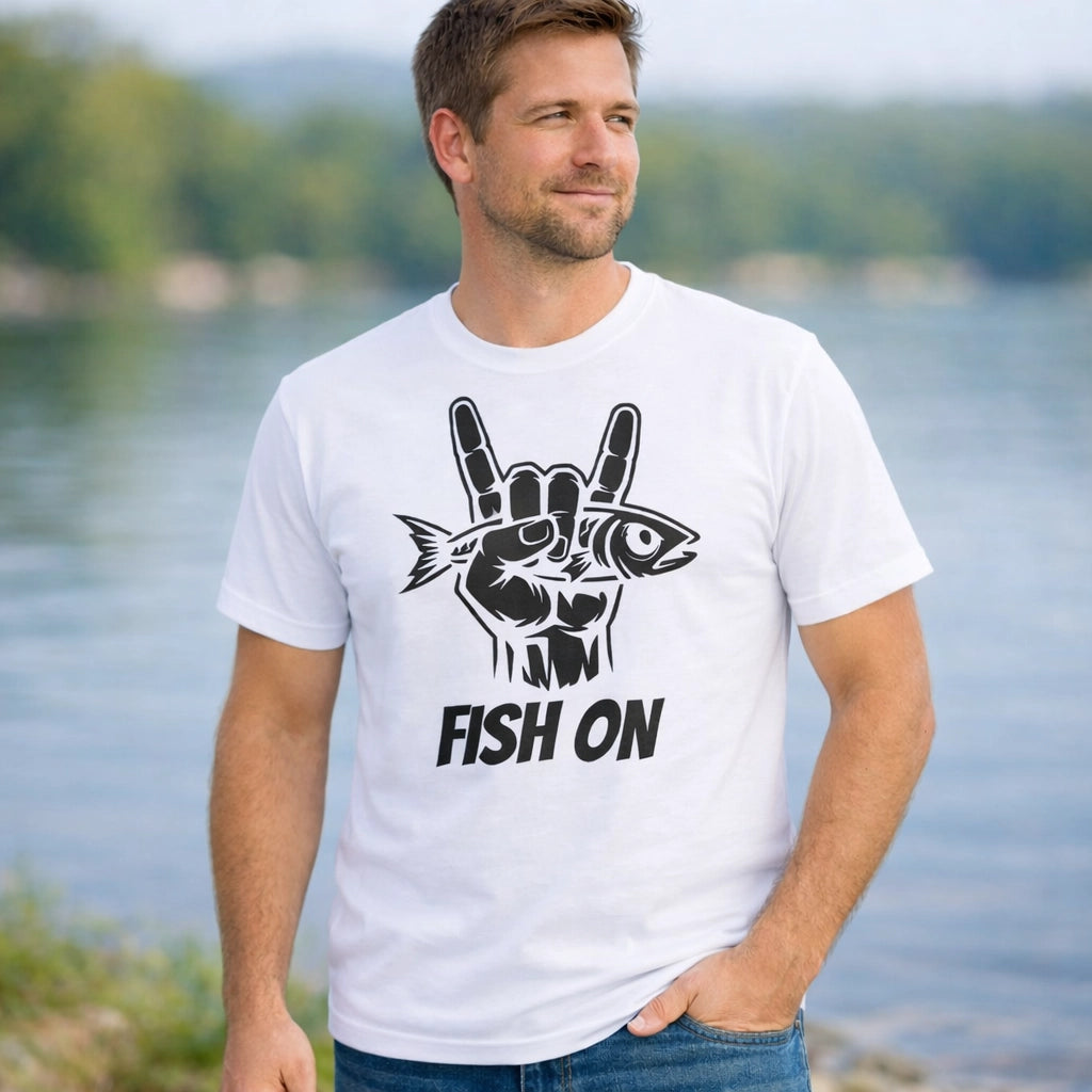 White, Fish On – Rock Hand Fishing Tee – fish-room