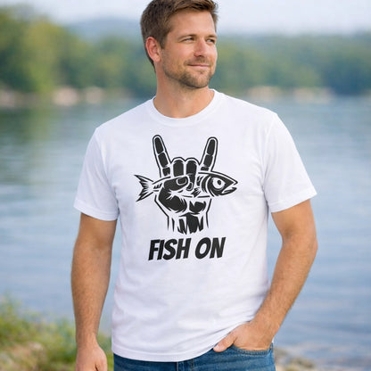 White, Fish On – Rock Hand Fishing Tee – fish-room